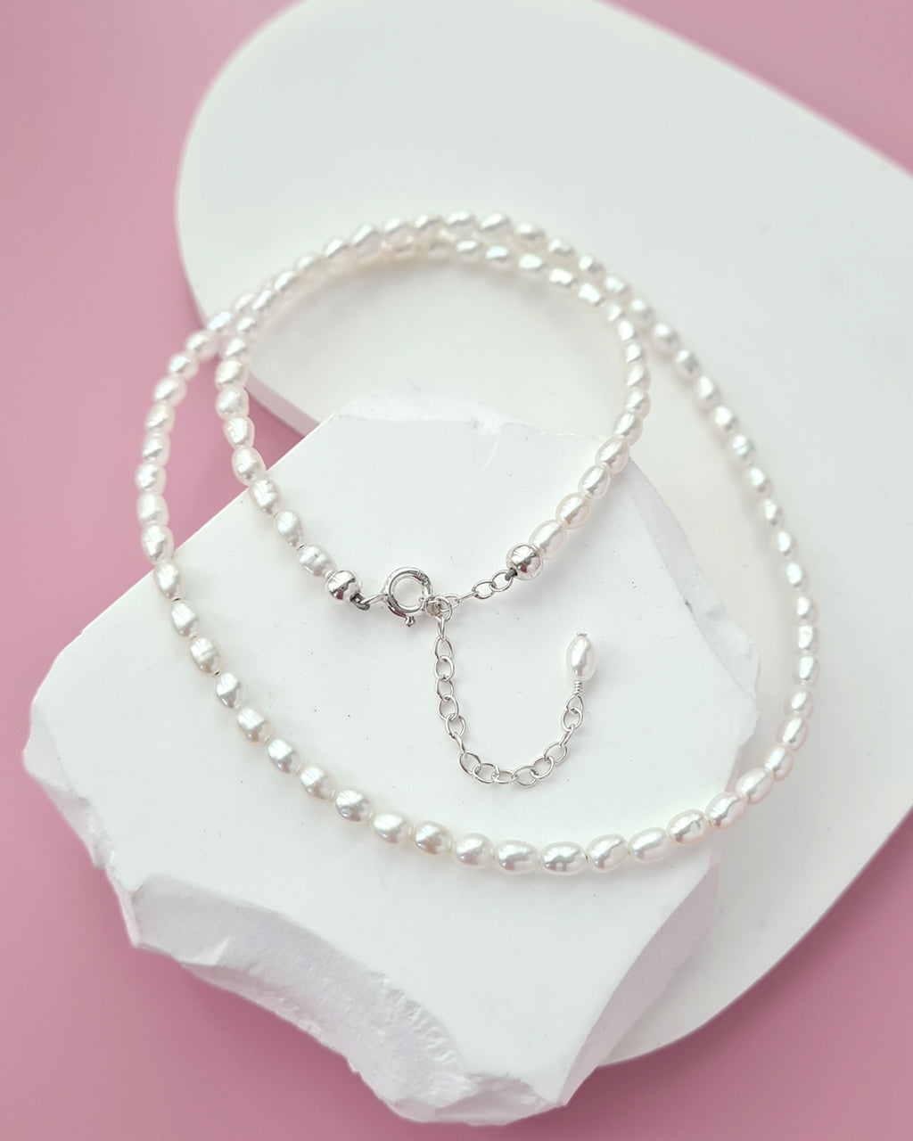 Tiny White Pearl Necklace with Sterling Silver Clasp