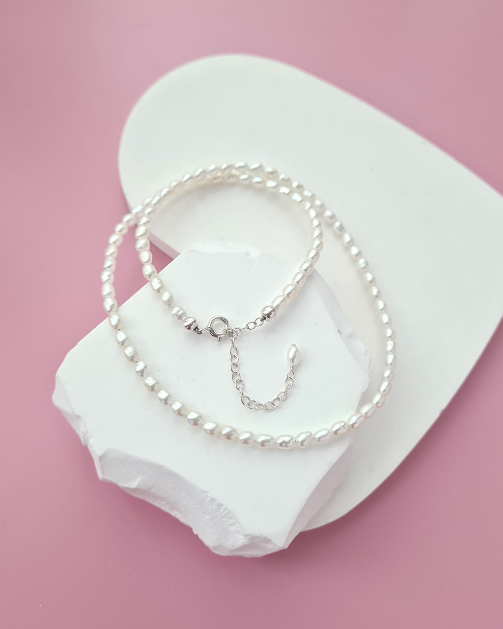 Tiny White Pearl Necklace with Sterling Silver Clasp