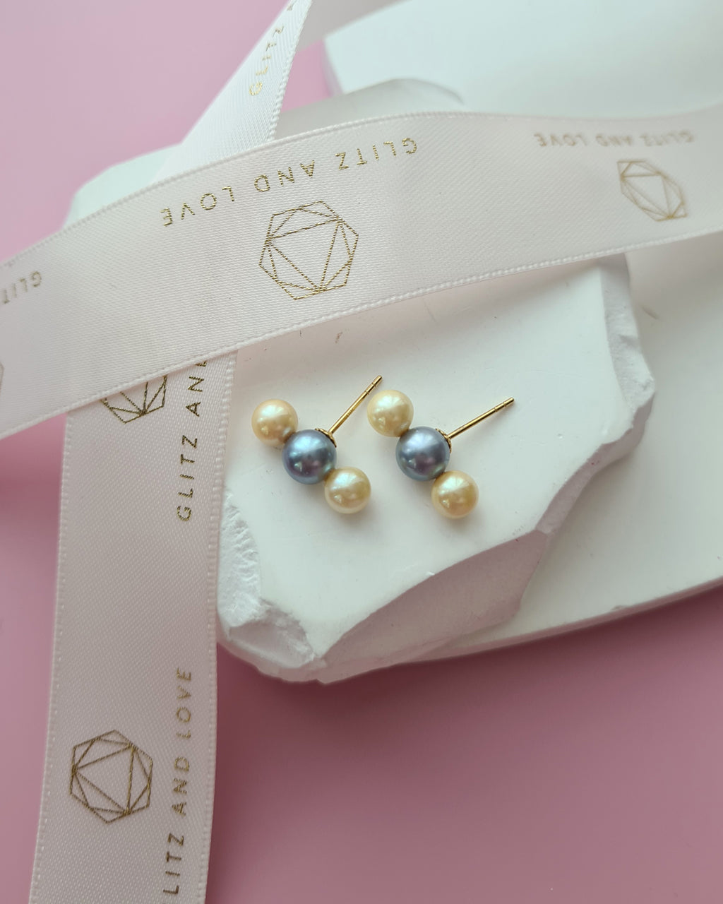 Trinity Silver Blue and Gold Akoya Pearl 18K Gold Stud Earrings - 5mm+ & 6mm+
