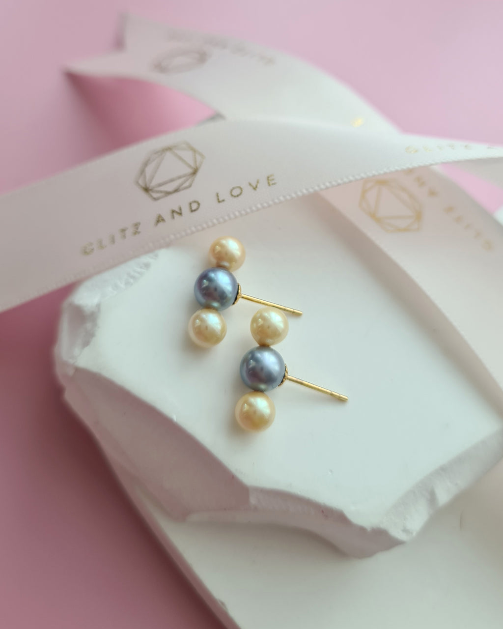Trinity Silver Blue and Gold Akoya Pearl 18K Gold Stud Earrings - 5mm+ & 6mm+