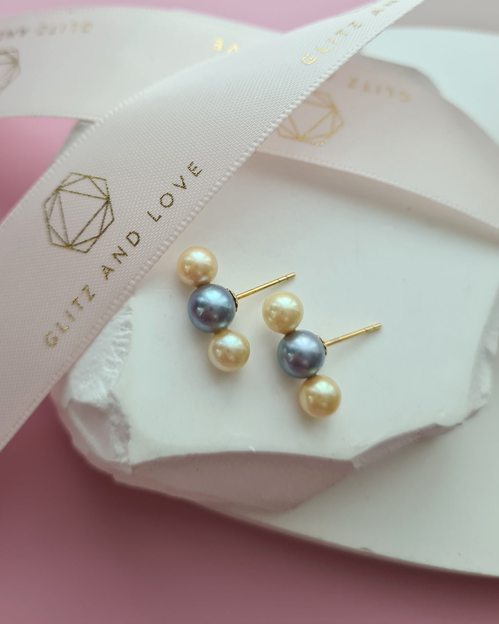 Trinity Silver Blue and Gold Akoya Pearl 18K Gold Stud Earrings - 5mm+ & 6mm+