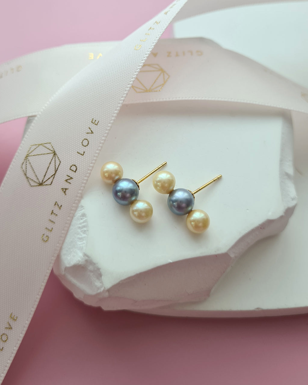 Trinity Silver Blue and Gold Akoya Pearl 18K Gold Stud Earrings - 5mm+ & 6mm+