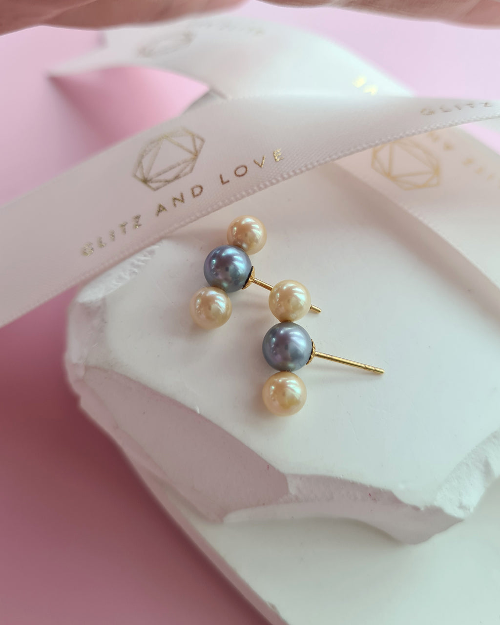 Trinity Silver Blue and Gold Akoya Pearl 18K Gold Stud Earrings - 5mm+ & 6mm+