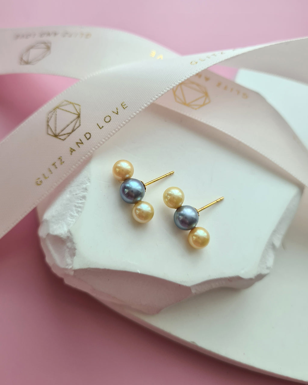 Trinity Silver Blue and Gold Akoya Pearl 18K Gold Stud Earrings - 5mm+ & 6mm+