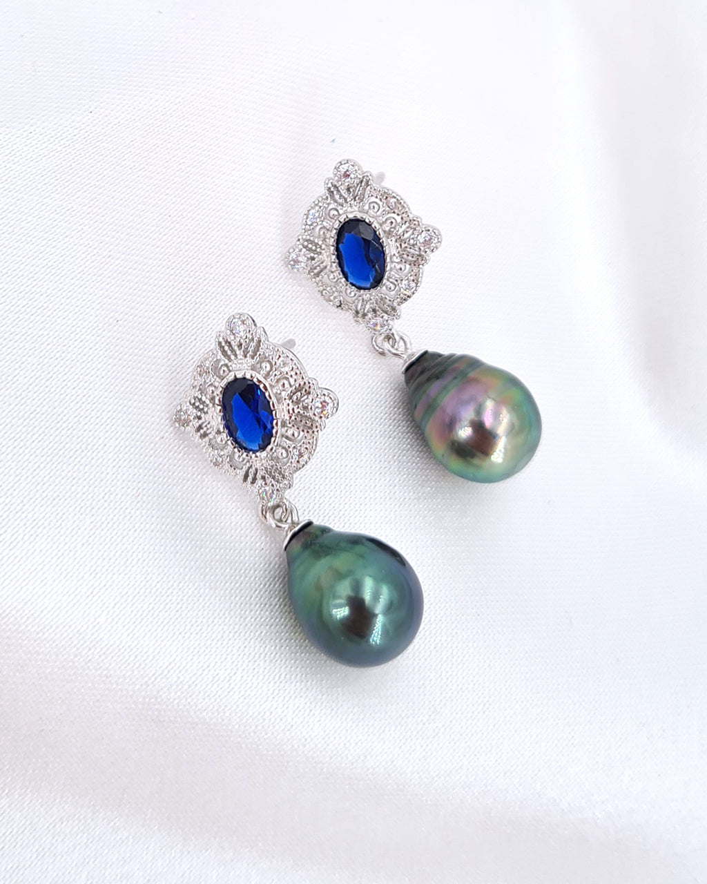 Tahitian Pearl Earrings - Vintage Style Ear-posts with Navy Blue Cubic Zirconia | Handmade Pearl Jewelry from Singapore