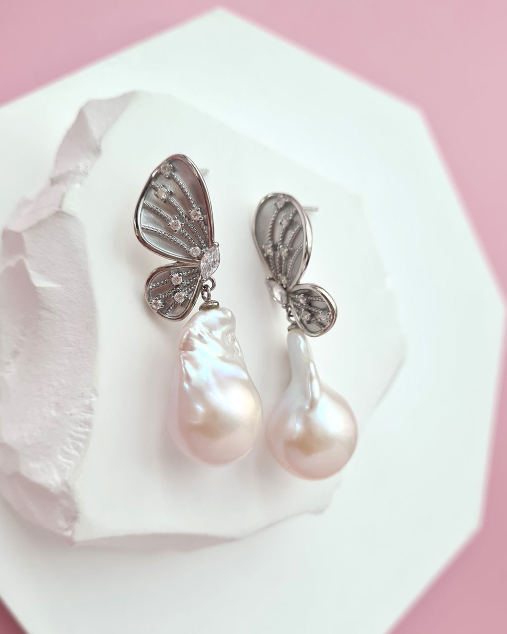Whimsical Butterfly Big White Baroque Pearl Earrings, Everyday Luxury, Modern Pearl Jewelry