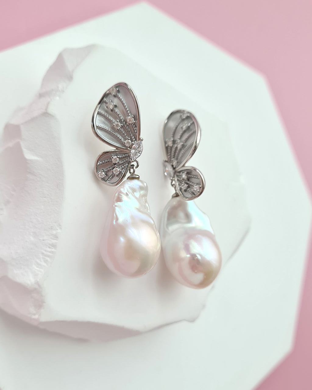 Whimsical Butterfly Big White Baroque Pearl Earrings, Everyday Luxury, Modern Pearl Jewelry