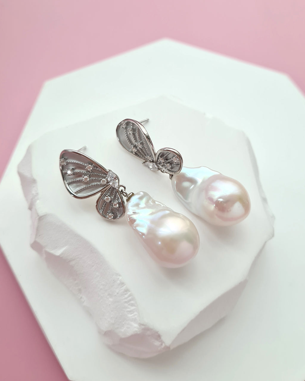 Whimsical Butterfly Big White Baroque Pearl Earrings, Everyday Luxury, Modern Pearl Jewelry