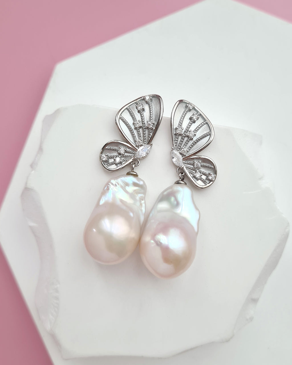 Whimsical Butterfly Big White Baroque Pearl Earrings, Everyday Luxury, Modern Pearl Jewelry