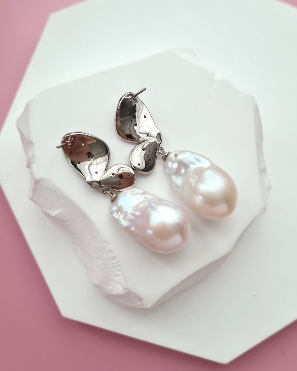 Whimsical Butterfly Big White Baroque Pearl Earrings, Everyday Luxury, Modern Pearl Jewelry