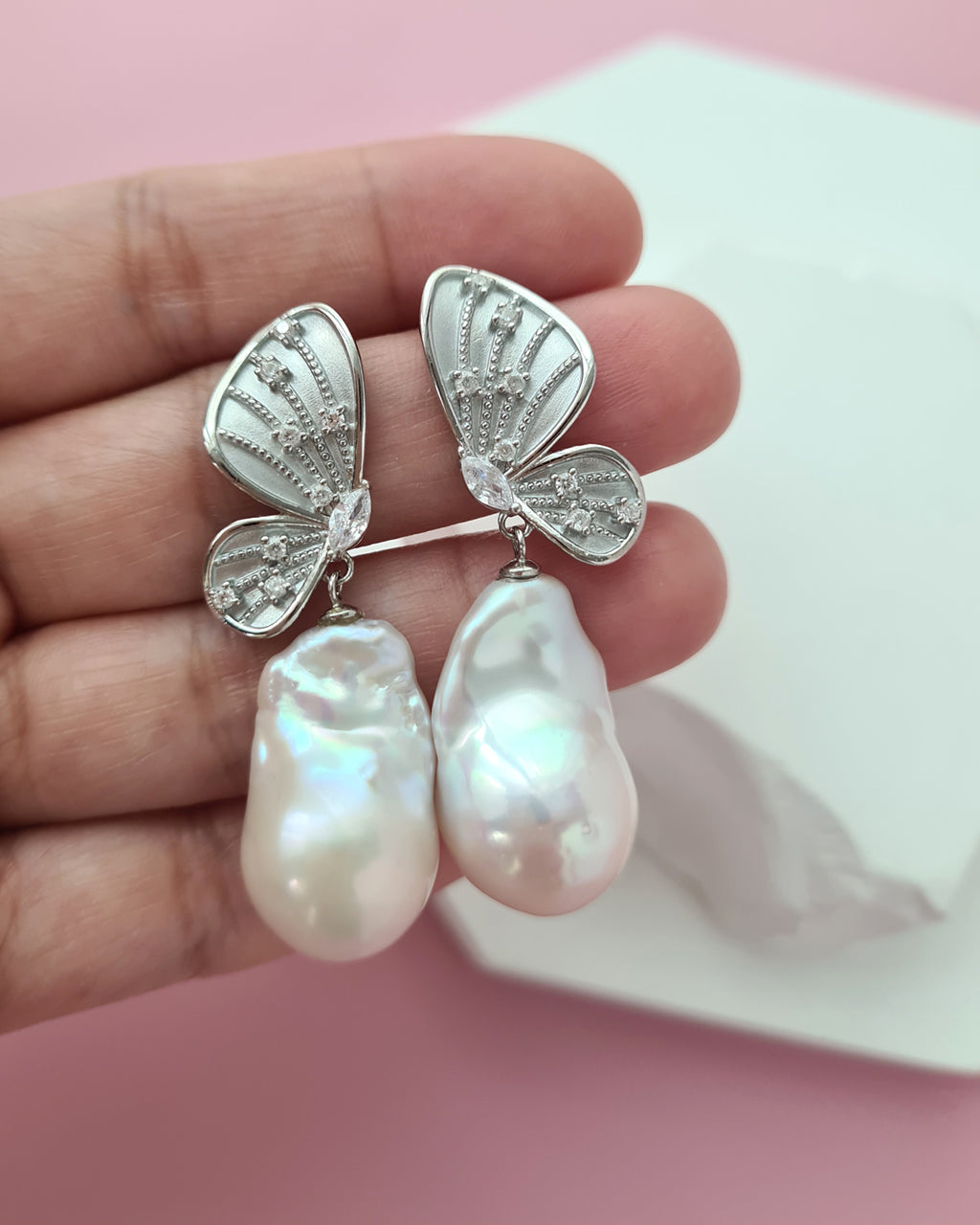 Whimsical Butterfly Big White Baroque Pearl Earrings, Everyday Luxury, Modern Pearl Jewelry