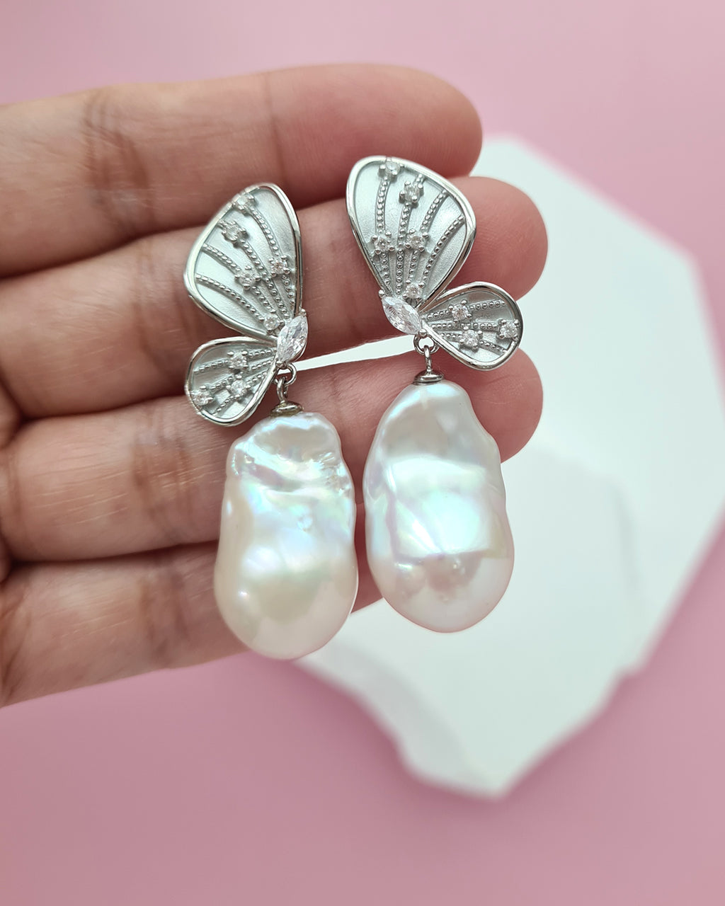 Whimsical Butterfly Big White Baroque Pearl Earrings, Everyday Luxury, Modern Pearl Jewelry