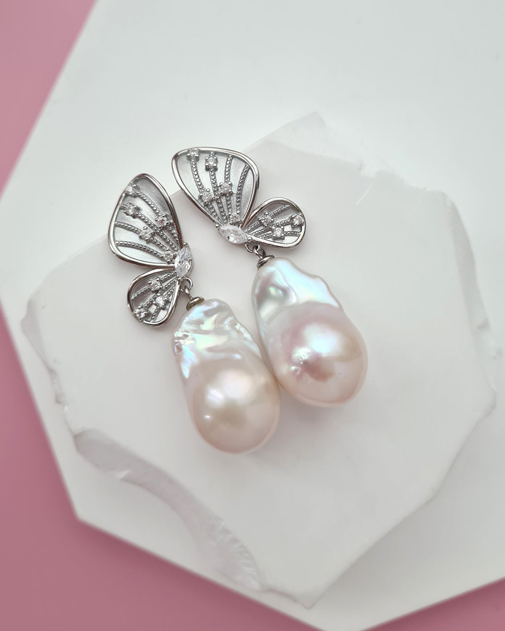 Whimsical Butterfly Big White Baroque Pearl Earrings, Everyday Luxury, Modern Pearl Jewelry