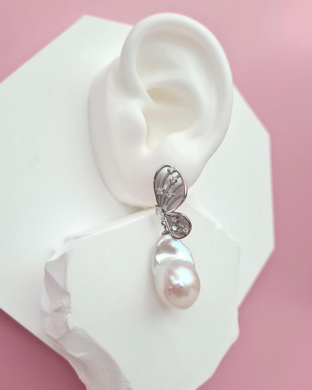 Whimsical Butterfly Big White Baroque Pearl Earrings, Everyday Luxury, Modern Pearl Jewelry