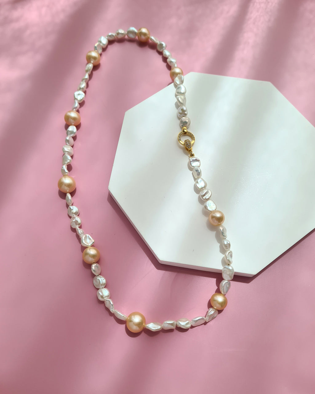 White Keshi Pearl and Peach Edison Pearl Strand Necklace, Modern Pearl Jewelry in Singapore