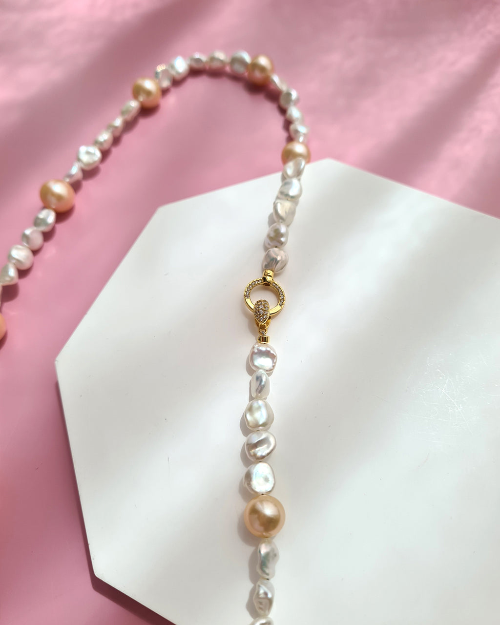 White Keshi Pearl and Peach Edison Pearl Strand Necklace, Modern Pearl Jewelry in Singapore