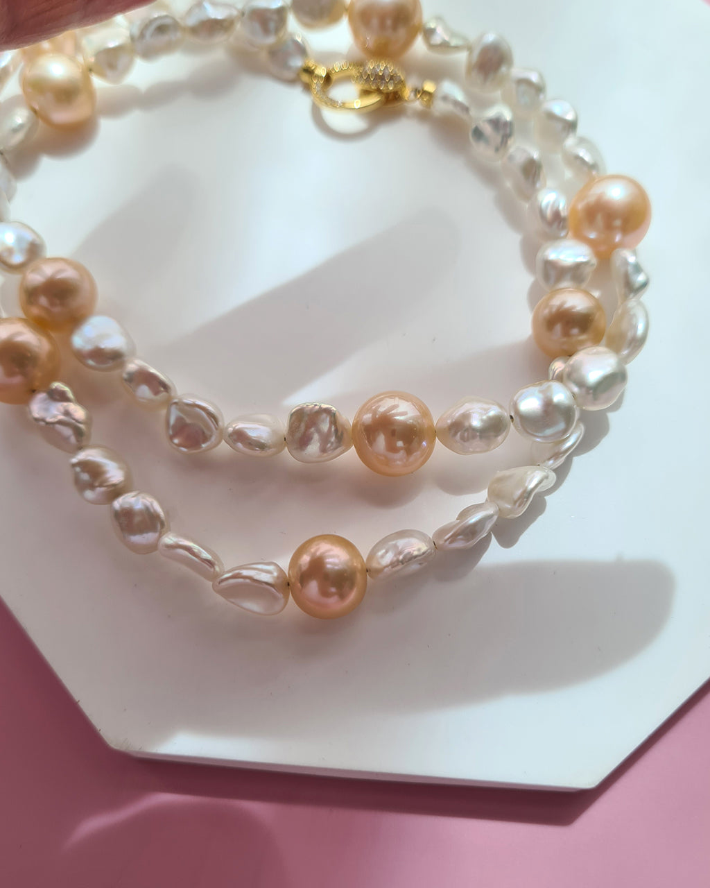 White Keshi Pearl and Peach Edison Pearl Strand Necklace, Modern Pearl Jewelry in Singapore