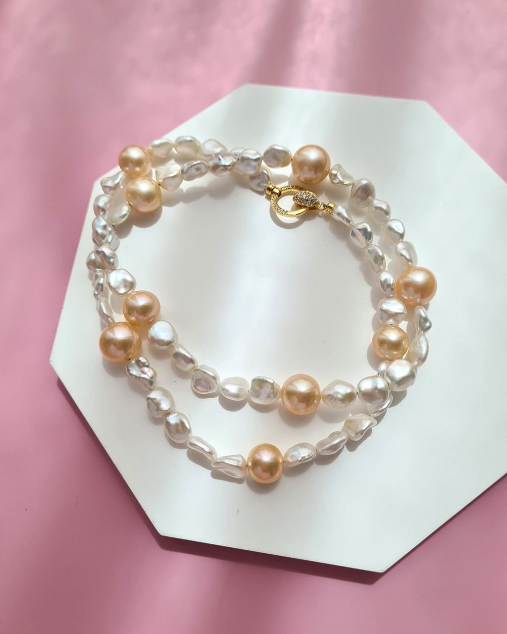 White Keshi Pearl and Peach Edison Pearl Strand Necklace, Modern Pearl Jewelry in Singapore