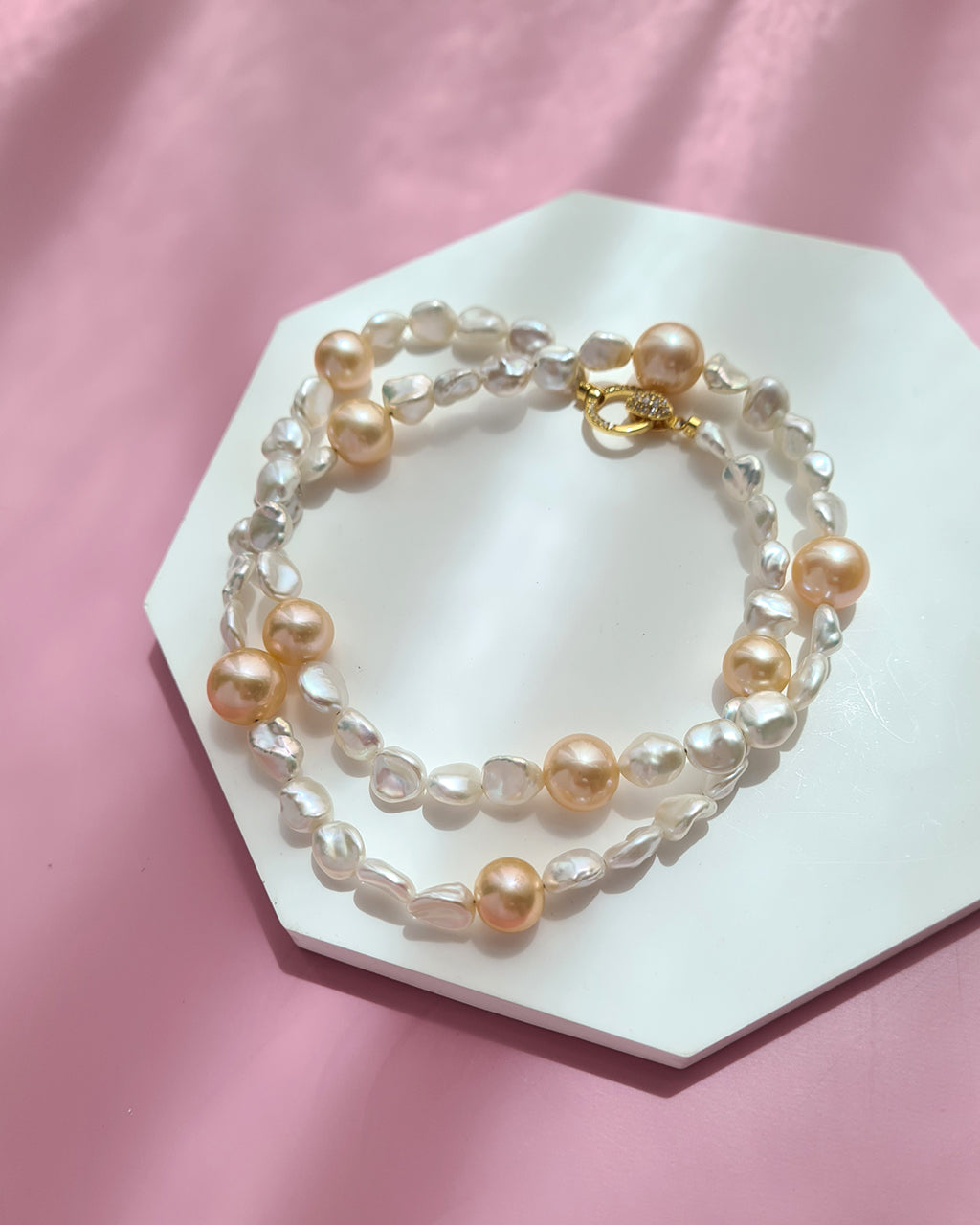 White Keshi Pearl and Peach Edison Pearl Strand Necklace, Modern Pearl Jewelry in Singapore