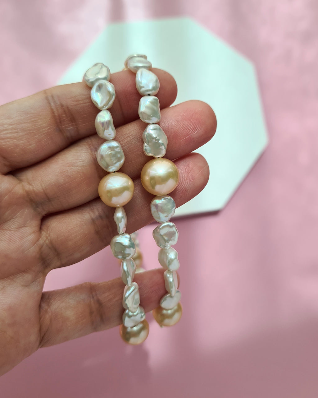 White Keshi Pearl and Peach Edison Pearl Strand Necklace, Modern Pearl Jewelry in Singapore