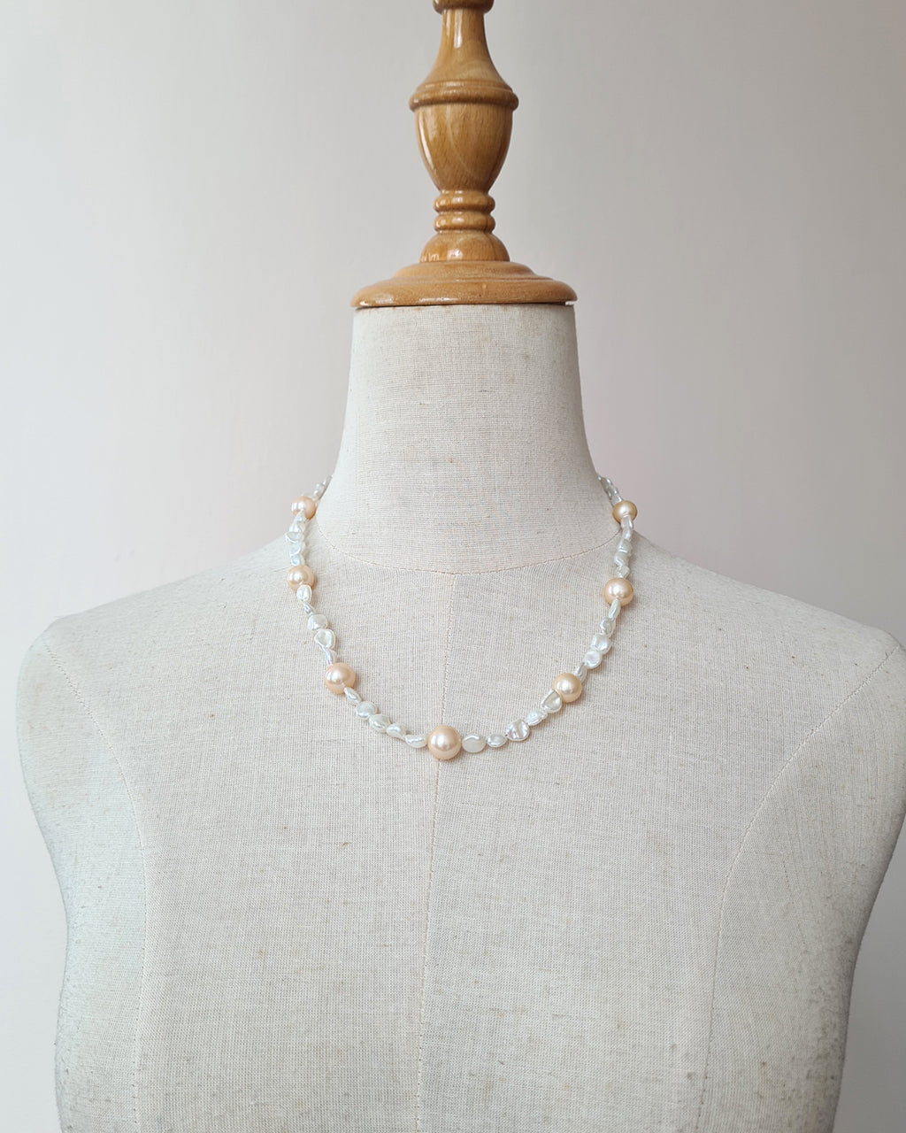 White Keshi Pearl and Peach Edison Pearl Strand Necklace, Modern Pearl Jewelry in Singapore