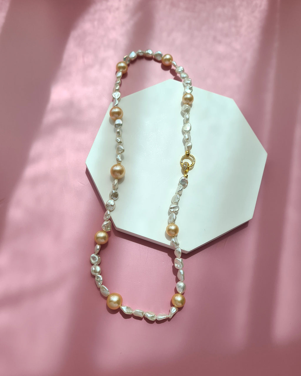 White Keshi Pearl and Peach Edison Pearl Strand Necklace, Modern Pearl Jewelry in Singapore