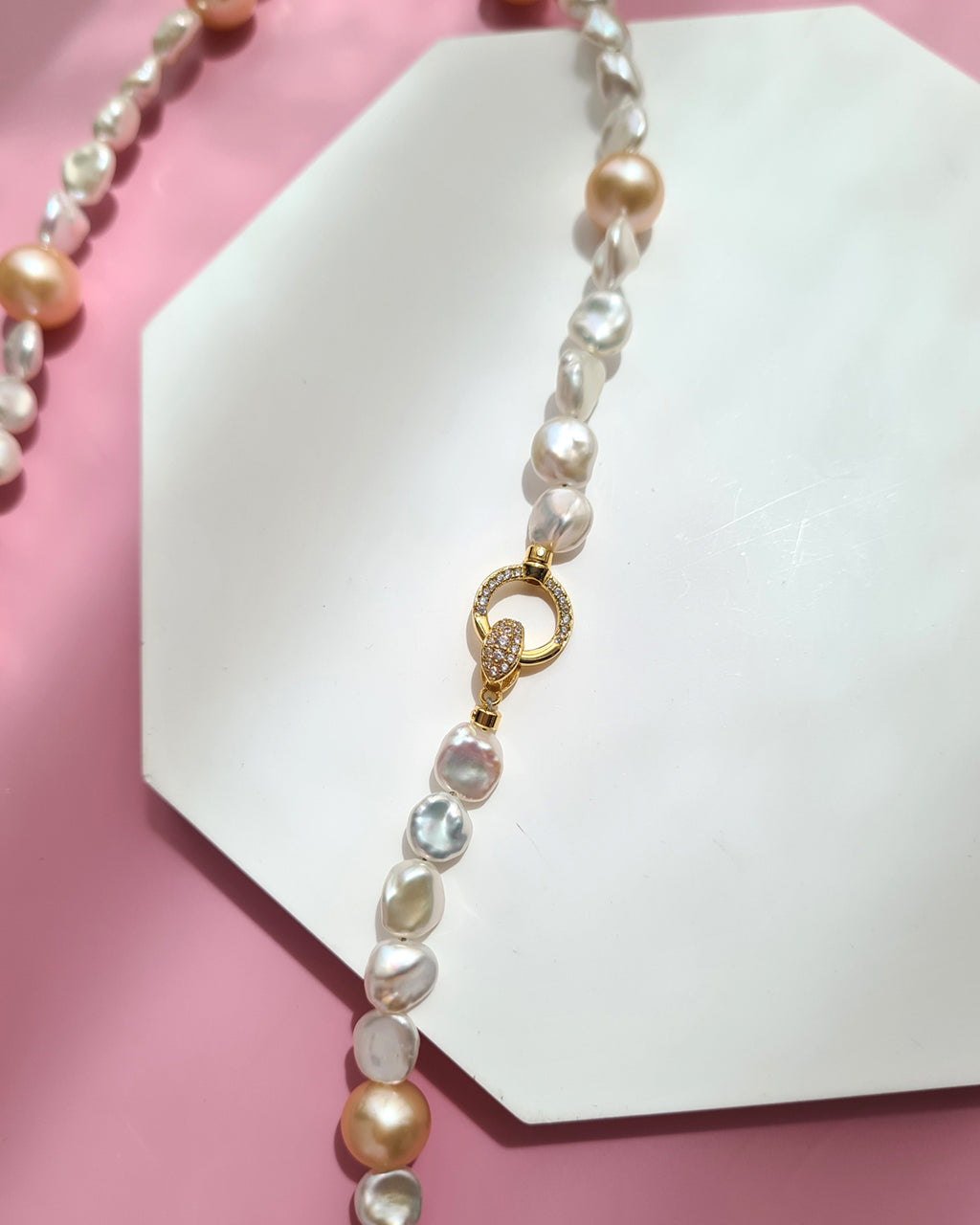 White Keshi Pearl and Peach Edison Pearl Strand Necklace, Modern Pearl Jewelry in Singapore
