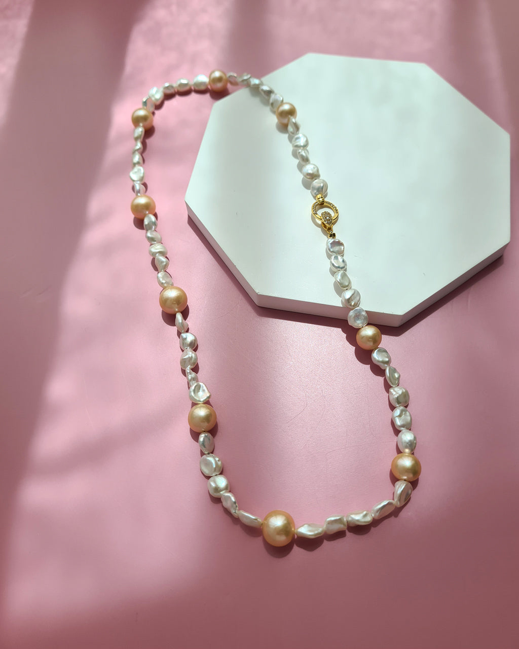 White Keshi Pearl and Peach Edison Pearl Strand Necklace, Modern Pearl Jewelry in Singapore