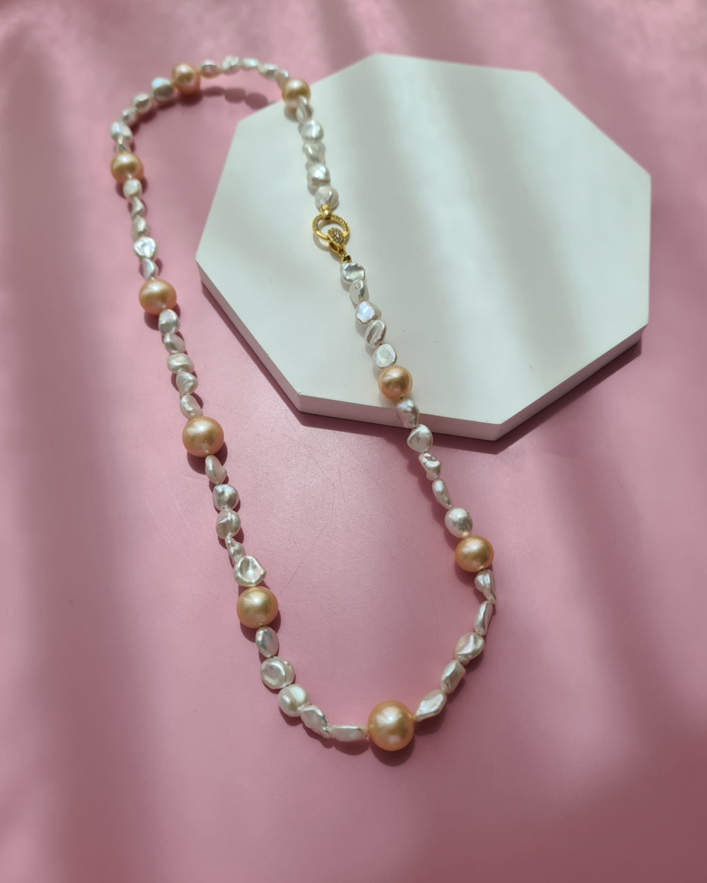White Keshi Pearl and Peach Edison Pearl Strand Necklace, Modern Pearl Jewelry in Singapore