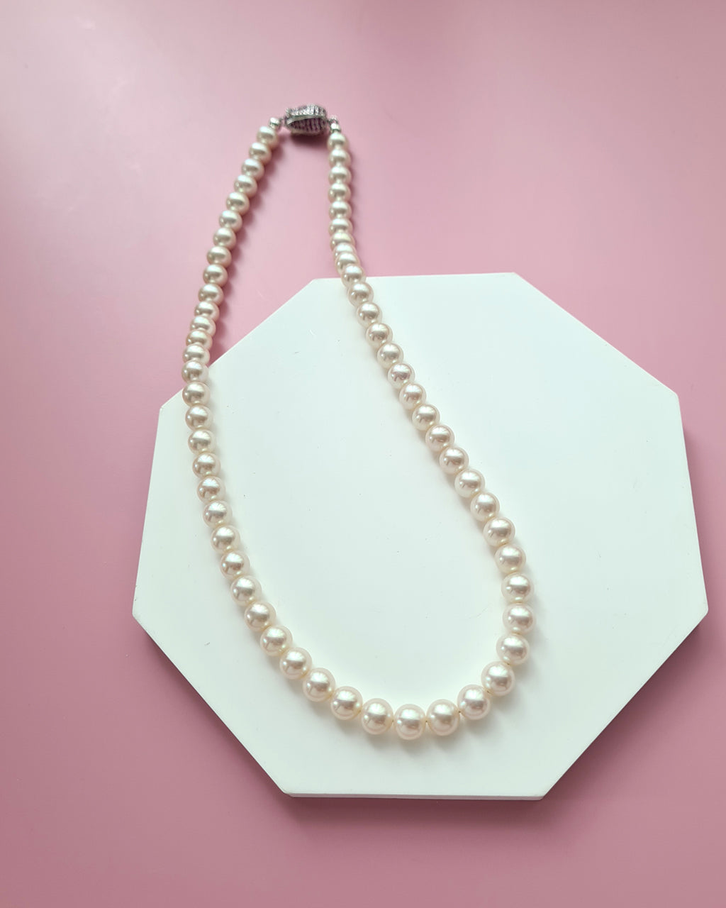 White Pearl Strand Necklace with Designer Floral Clasp, Handmade Modern Pearl Jewelry in Singapore
