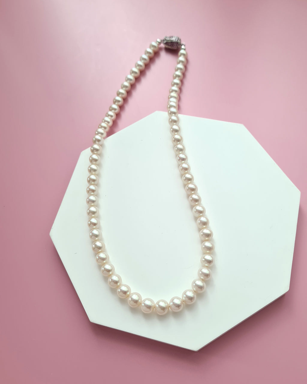 White Pearl Strand Necklace with Designer Floral Clasp, Handmade Modern Pearl Jewelry in Singapore