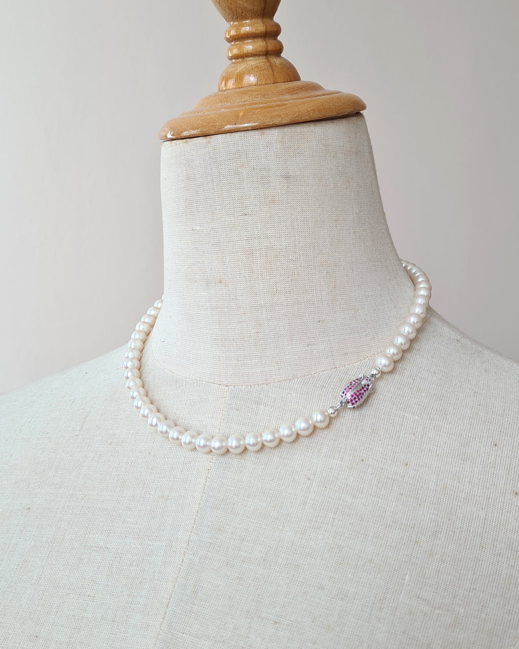 White Pearl Strand Necklace with Designer Floral Clasp, Handmade Modern Pearl Jewelry in Singapore