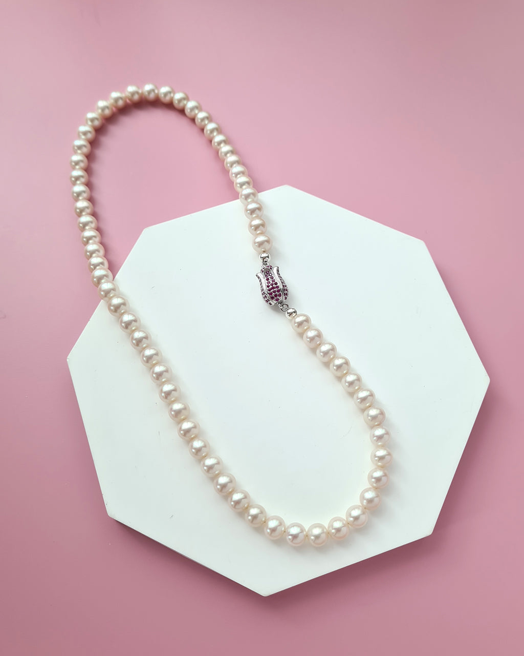 White Pearl Strand Necklace with Designer Floral Clasp, Handmade Modern Pearl Jewelry in Singapore