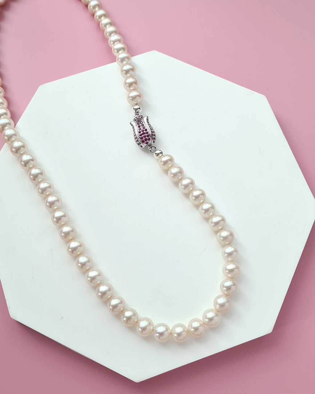 White Pearl Strand Necklace with Designer Floral Clasp, Handmade Modern Pearl Jewelry in Singapore