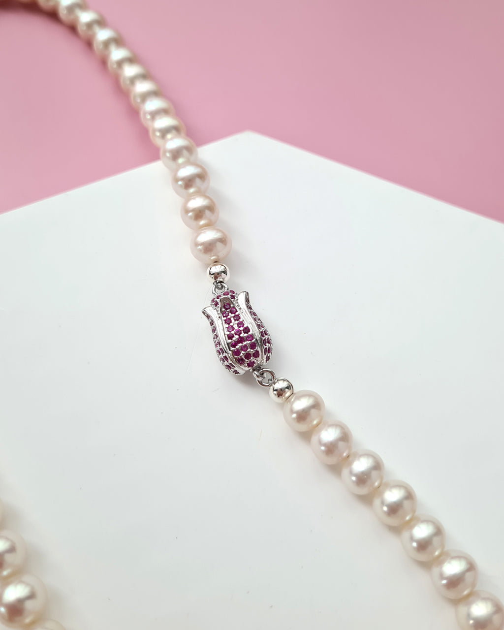 White Pearl Strand Necklace with Designer Floral Clasp, Handmade Modern Pearl Jewelry in Singapore