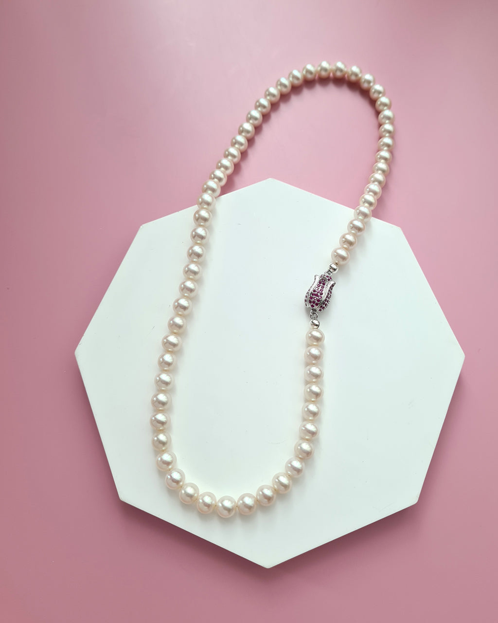 White Pearl Strand Necklace with Designer Floral Clasp, Handmade Modern Pearl Jewelry in Singapore