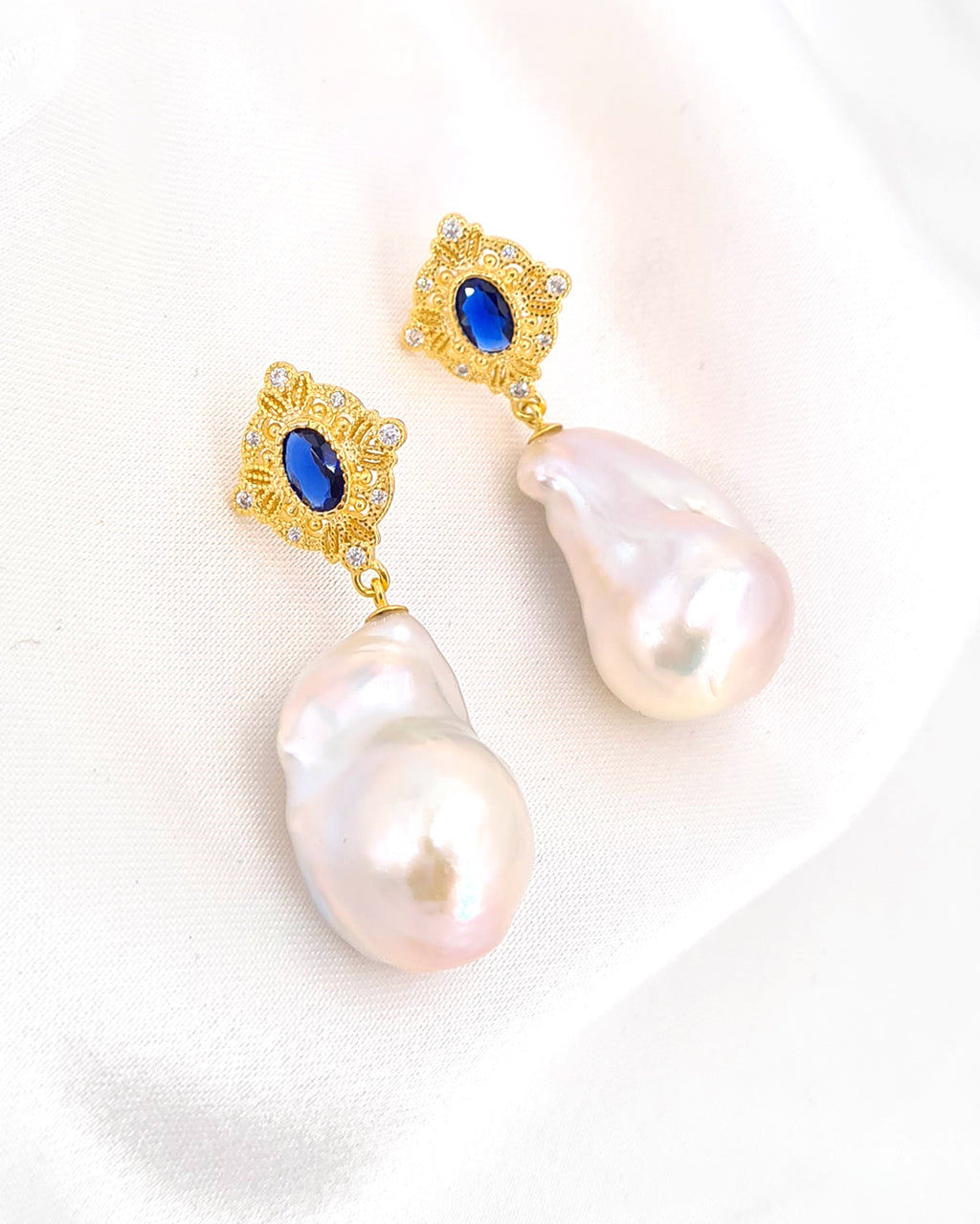 Large White Baroque Pearl Earrings - Vintage Style Gold Earrings | Wedding Statement Earrings