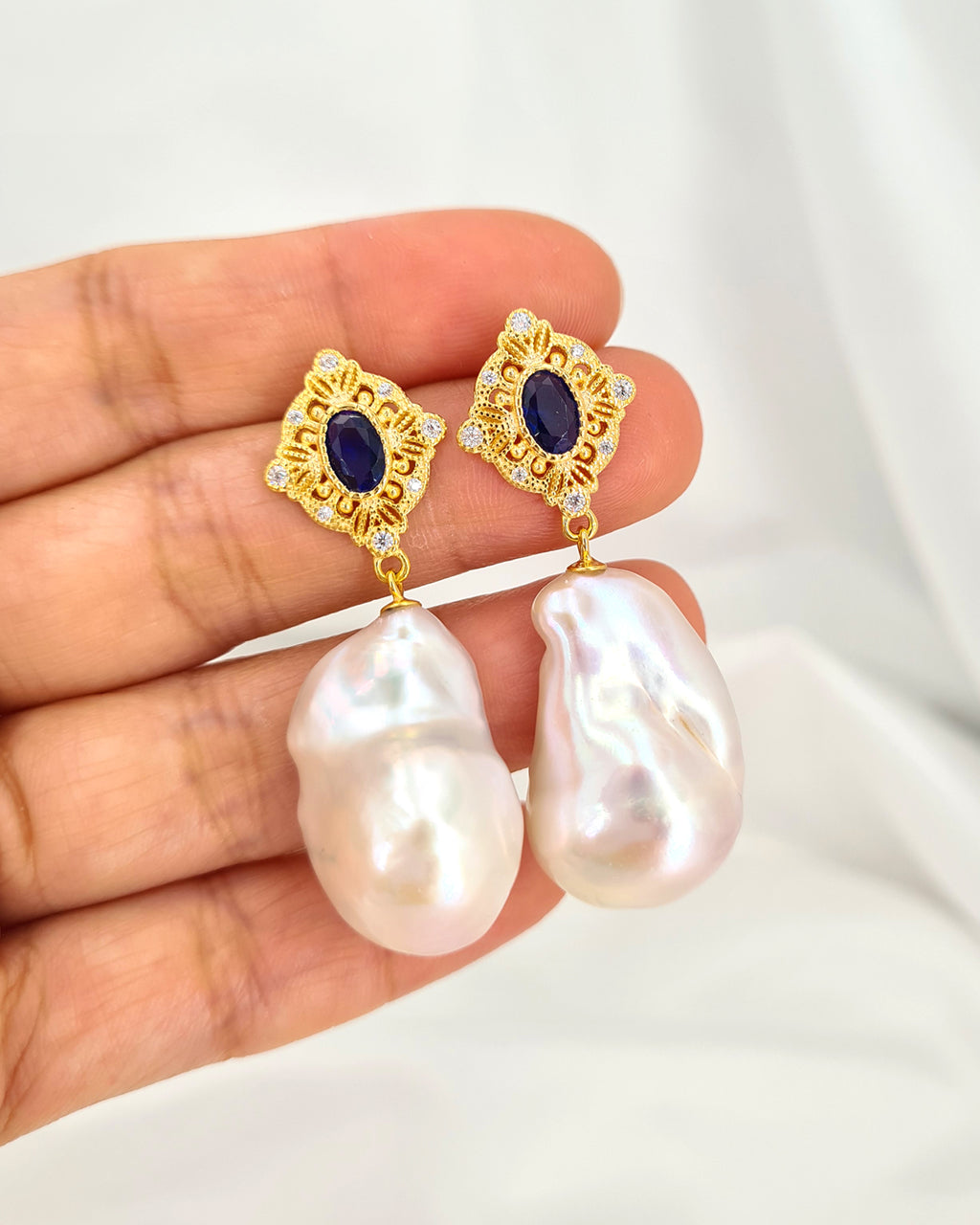 Large White Baroque Pearl Earrings - Vintage Style Gold Earrings | Wedding Statement Earrings