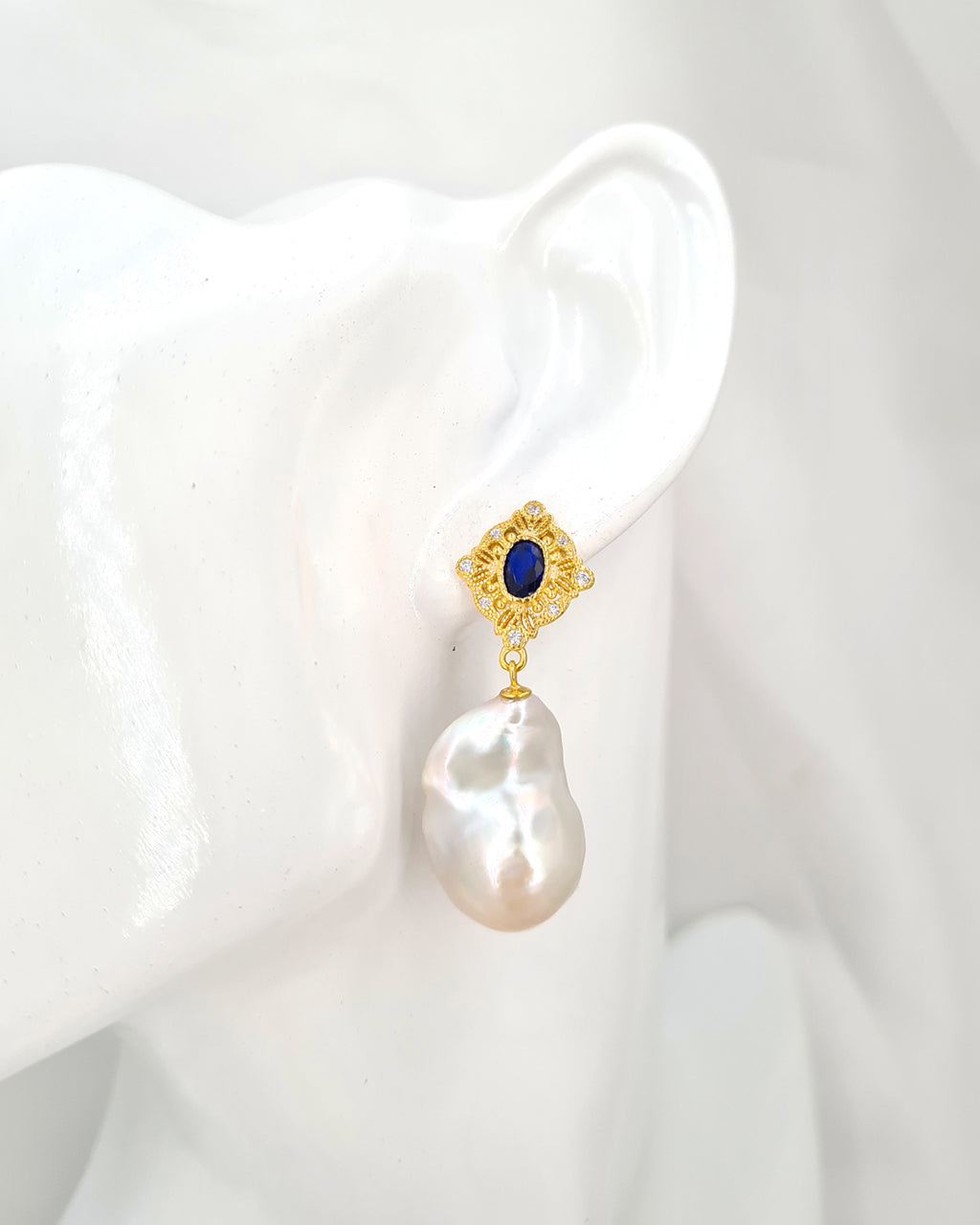 Large White Baroque Pearl Earrings - Vintage Style Gold Earrings | Wedding Statement Earrings