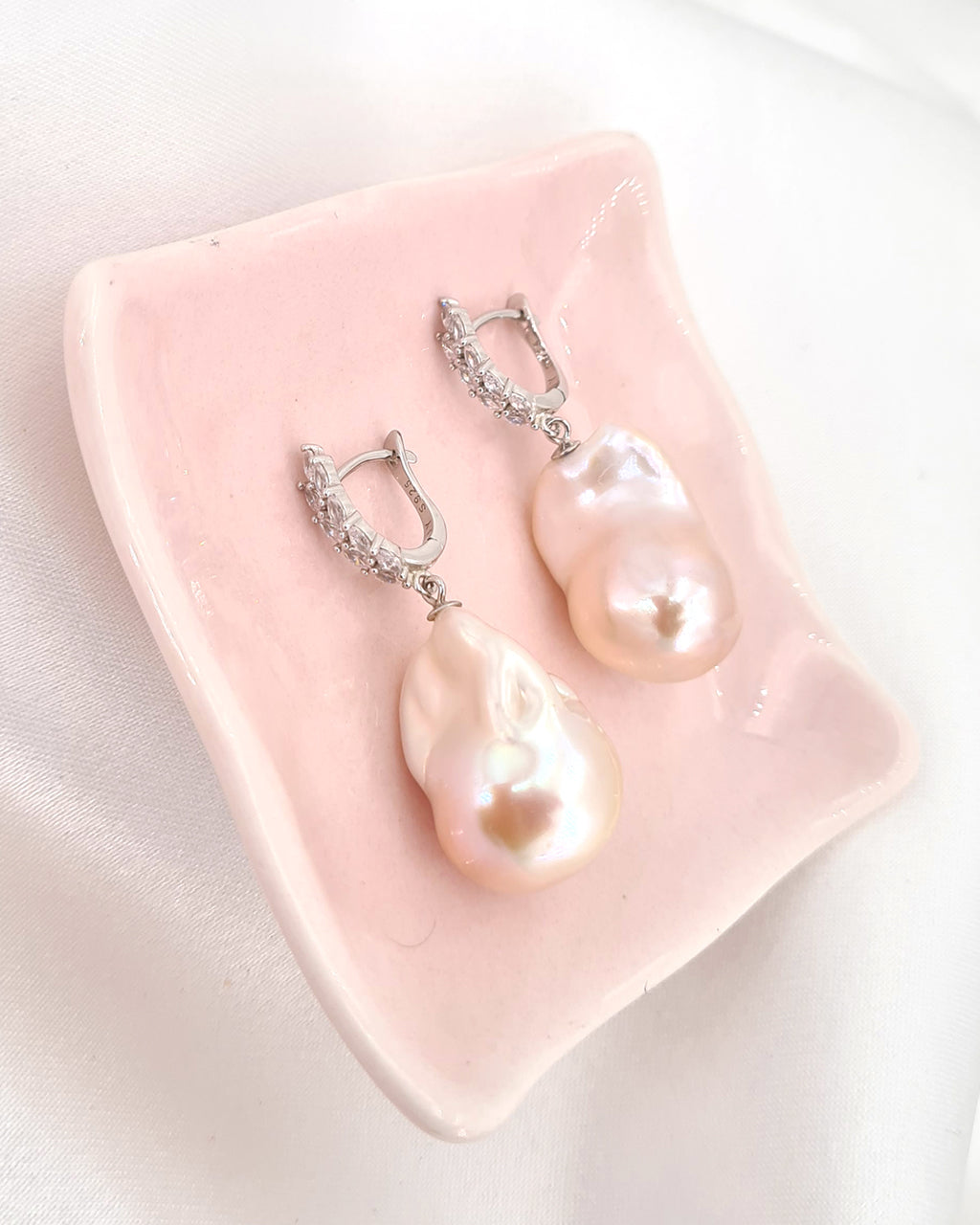 Large White Baroque Pearl Earrings - Olive Leaf Huggie Hoop Earrings