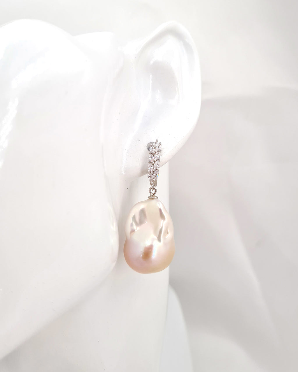 Large White Baroque Pearl Earrings - Olive Leaf Huggie Hoop Earrings