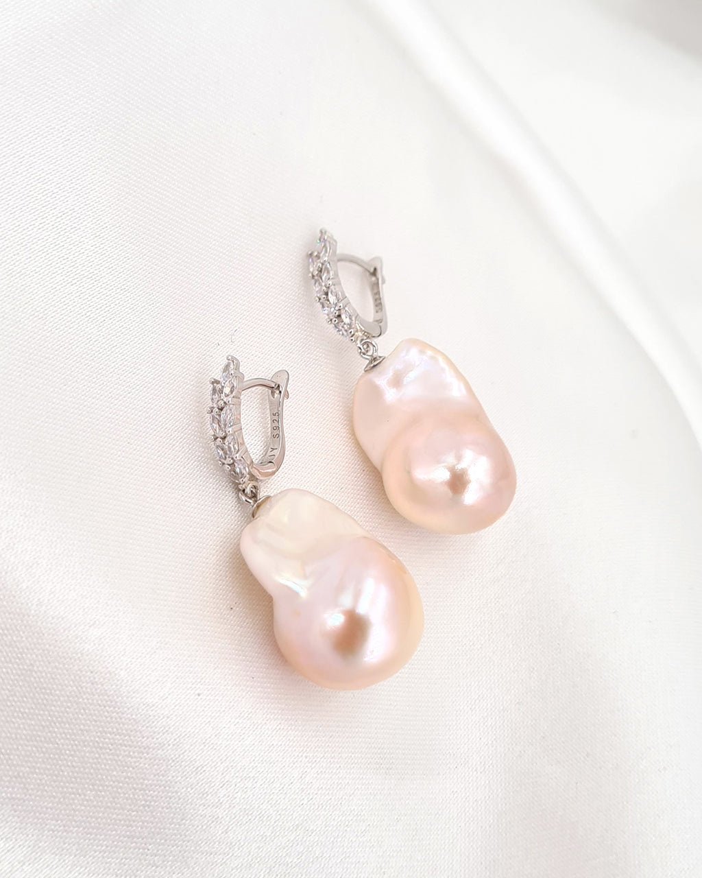Large White Baroque Pearl Earrings - Olive Leaf Huggie Hoop Earrings