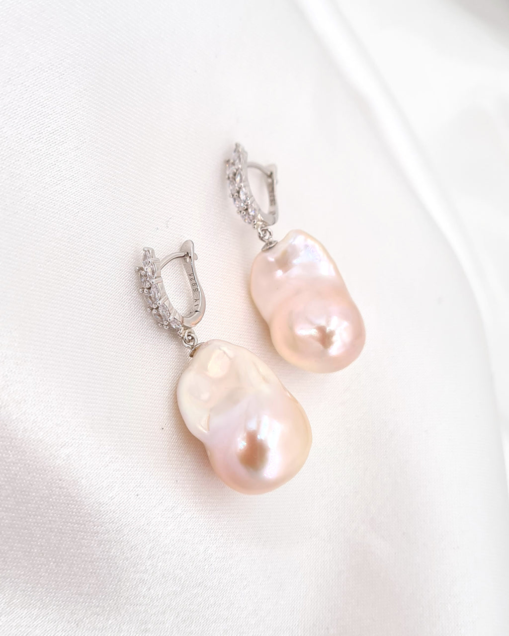 Large White Baroque Pearl Earrings - Olive Leaf Huggie Hoop Earrings