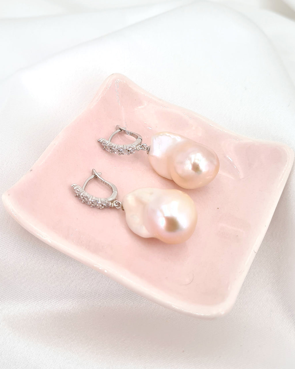 Large White Baroque Pearl Earrings - Olive Leaf Huggie Hoop Earrings