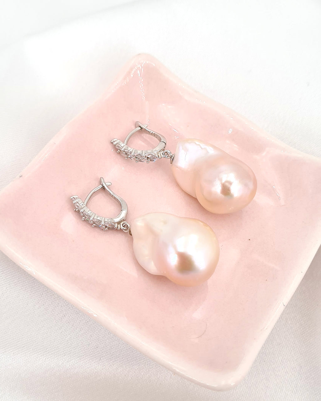 Large White Baroque Pearl Earrings - Olive Leaf Huggie Hoop Earrings