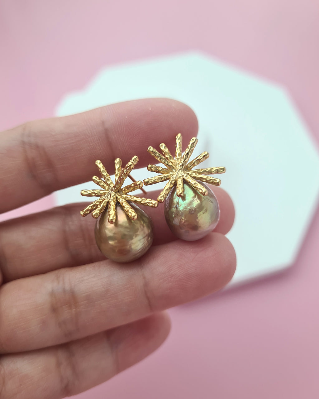 Wrinkled Pearl Earrings - Metallic Green & Firework Stud, Modern Pearl Jewelry for Busy Women