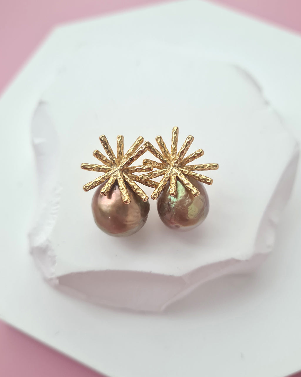 Wrinkled Pearl Earrings - Metallic Green & Firework Stud, Modern Pearl Jewelry for Busy Women