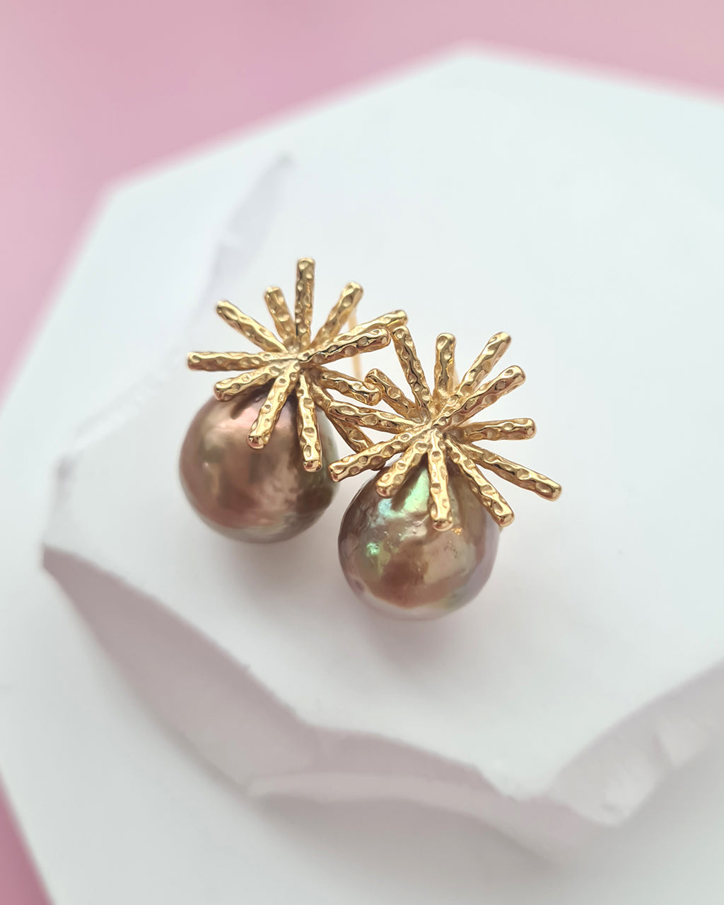 Wrinkled Pearl Earrings - Metallic Green & Firework Stud, Modern Pearl Jewelry for Busy Women