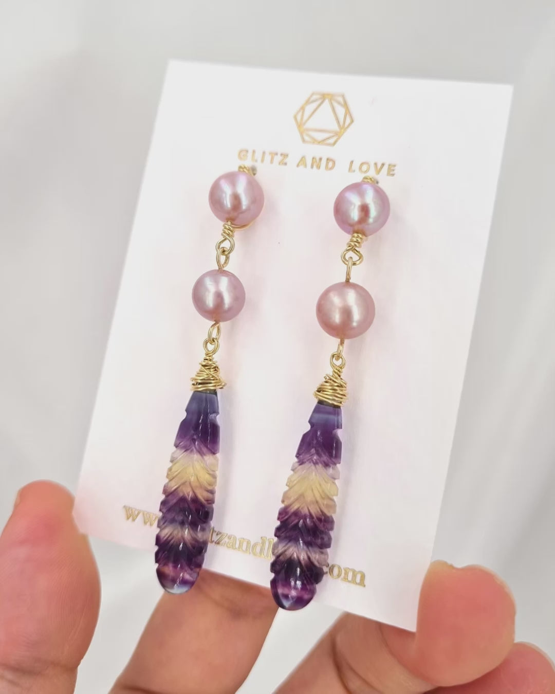 Pearl Earrings with Crafted Fluorite Feather Drop
