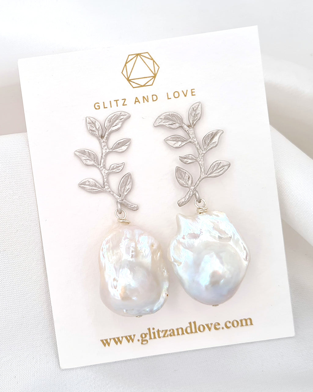 Baroque Pearl Earrings Olive Leaf Vine Icy White Glitz And Love